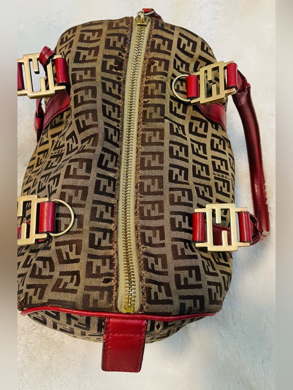 Fendi Authentic Brown Zucca Canvas Satchel with Red Leather Trim - Picture 13 of 15